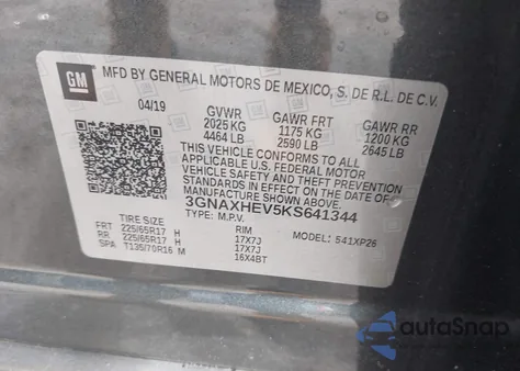 2019 Chevrolet Equinox Ls из США, поврежденный, VIN 3GNAXHEV5KS641344